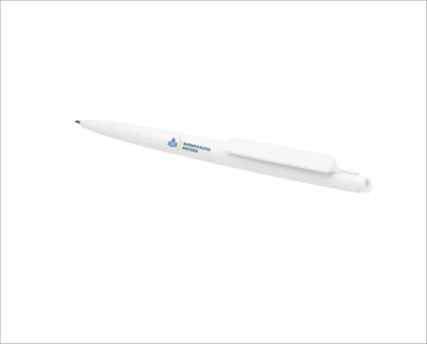 Ein weißer Stift mit einem blauen Logo darauf