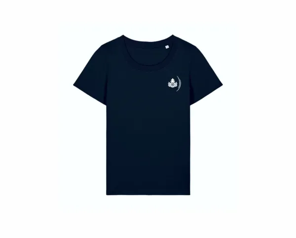 Ein schwarzes T-Shirt mit einem weißen Logo auf der Brust