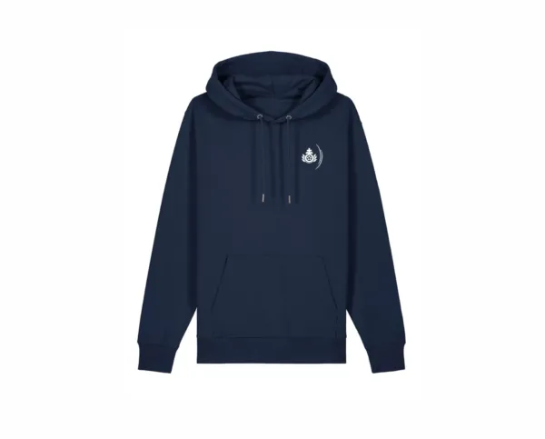 Ein dunkelblauer Kapuzenpullover mit einer weißen Katze darauf