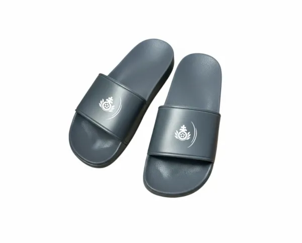 Ein Paar graue Hausschuhe auf weißem Hintergrund