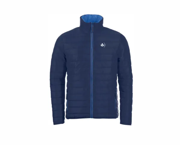 Eine dunkelblaue Jacke mit weißem Logo auf der Brust