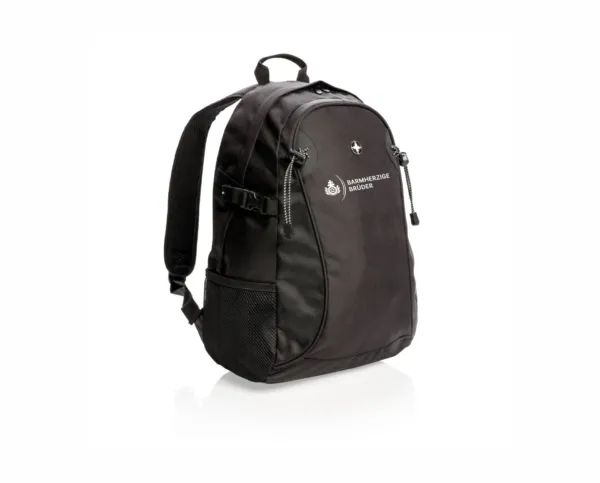 Ein schwarzer Rucksack mit einem weißen Logo darauf