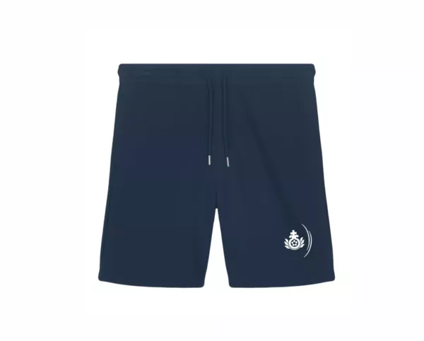 Eine blaue Shorts mit einem weißen Logo an der Seite